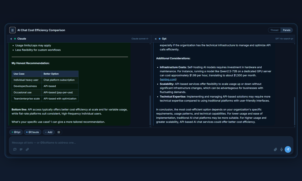 ByteChat showing Claude and GPT answering the same question side by side, each in its own panel